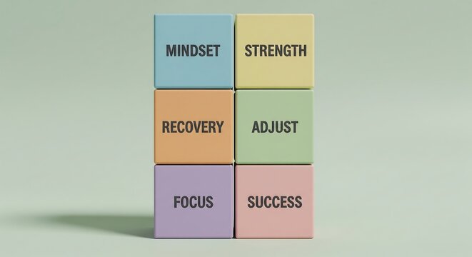 Six colorful blocks stacked in a 2x3 grid, each with a single word representing a positive attribute for personal growth and achievement.