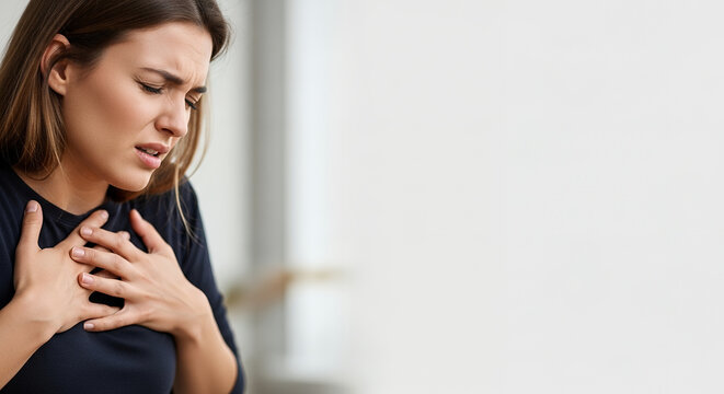 Woman experiencing heart pain or discomfort, clutching her chest in distress indoors.