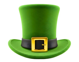 A fuzzy green leprechaun hat with a black band and a golden buckle on a white background. isolated on transparent background