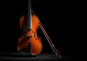 Fototapeta premium Classic wooden violin and bow dramatically illuminated by a harsh, focused spotlight against a stark, black velvet background, close up, solo, professional