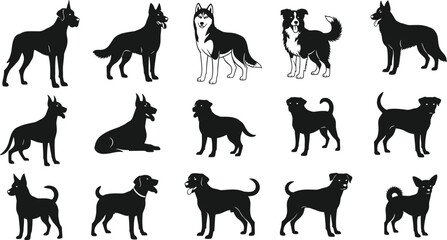Obraz premium Collection of dog breed silhouettes in varied postures and sizes, including large and small dogs, arranged on white background for design, education, and creative illustration use.