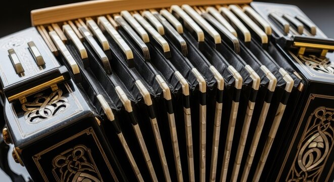Close-up view of the bellows and keys of a traditional, dark-colored squeeze box instrument, emphasizing its complex structure, vintage, antique, leather