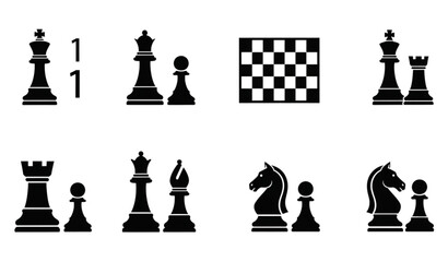 A set of black chess pieces and a board in a flat vector design © MdAtaur