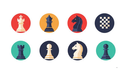 A set of colorful chess piece icons in a modern flat design style © MdAtaur