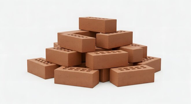 Neatly Stacked Pile of Clay Bricks Isolated on White Background for Construction Concept