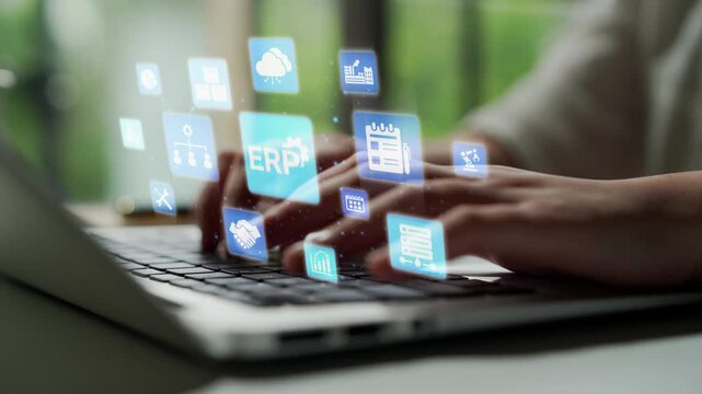 ERP icons show management, integration, and business process. ERP supports data management, ERP efficiency, and ERP organizational solutions. Funnel