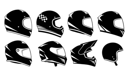 A set of black motorcycle helmets in various designs and angles