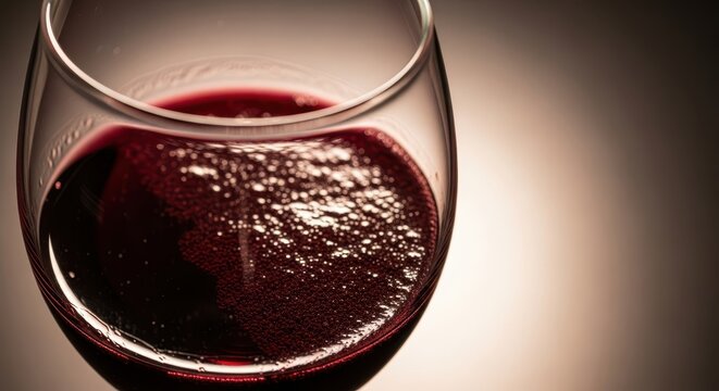 Nearly empty glass of red wine showing thick, dark residue or dregs pooled at the base, emphasizing scarcity and the finish, reflection, dark, macro