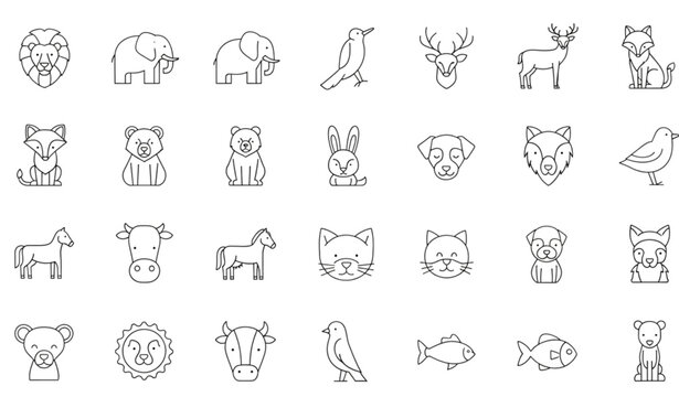 A set of minimalist animal icons in a simple line art style