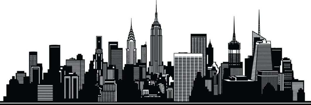 New York City Manhattan Skyline Silhouette Illustration with Empire State Building and Chrysler Building Icons for Urban Travel and Design