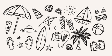 A collection of hand drawn summer elements including beach items and tropical motifs © Tapan