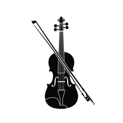 Elegant black violin silhouette with bow on white background