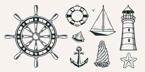 Nautical themed sketch featuring a ship s wheel lighthouse and other elements © Tapan