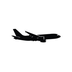 Sleek airplane silhouette in flight against white background