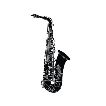 Elegant black saxophone illustration on white background