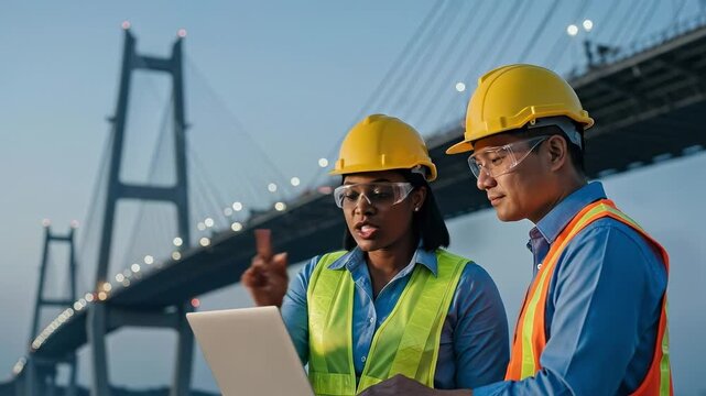 Asian male and Black female engineers inspecting bridge with digital twin software on laptop