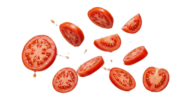 Juicy red tomato slices falling dynamically with splashes on transparent and white background.