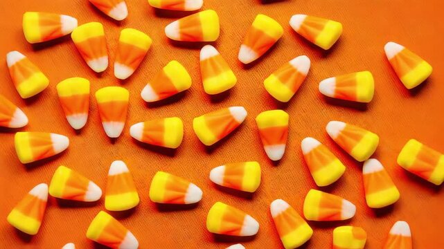 Colorful candy corn scattered on vibrant orange background for halloween