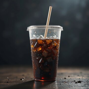 Iced cola in a clear plastic cup with a straw on a dark surface. fountain soda cup