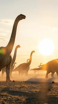Herd of sauropod dinosaurs migrating across a dusty prehistoric landscape at sunset