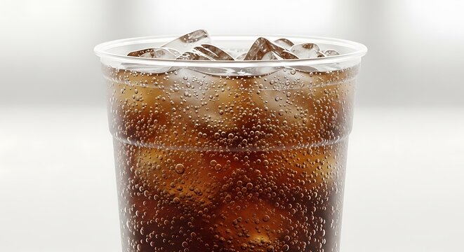 A refreshing glass of fizzy cola drink filled with ice cubes and condensation on the outside. fountain soda cup