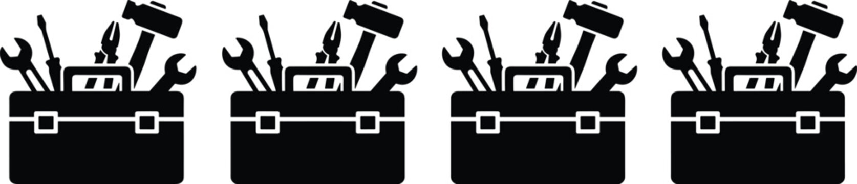 Black toolbox vector icons set with various hand tools, including hammer, screwdriver, wrench, and pliers, for construction and home repair.