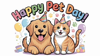 Obraz premium Happy pet day smiling dog and cat wearing party hats with colorful balloons and confetti