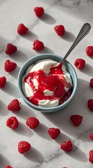 Delicious raspberry and cream dessert in a bowl with fresh raspberries scattered around