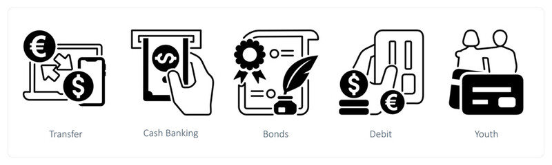 A set of 5 mix icons as transfer, cash banking, bonds in black color