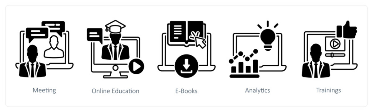 A set of 5 mix icons as meeting, online education, e books in black color