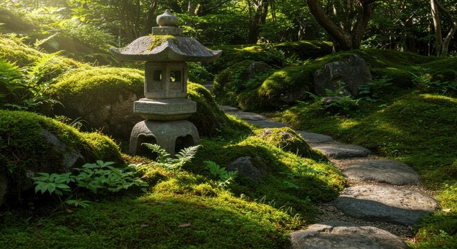 苔むした庭園の石灯籠と石畳の小道