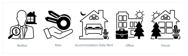 A set of 5 mix icons as realtor, keys, accommodation daily rent in black color