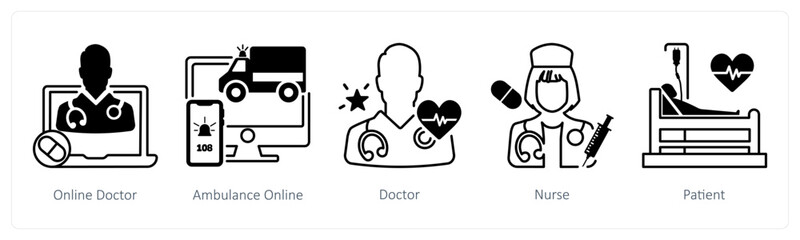 A set of 5 mix icons as online doctor, ambulance online, doctor in black color © popcornarts