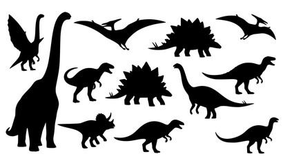Diverse dinosaur silhouette vector set including sauropods stegosaurs and flying reptiles © MstMonisha