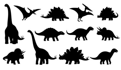 Prehistoric dinosaur vector silhouettes set with sauropods stegosaurs and flying reptiles © MstMonisha