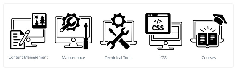A set of 5 mix icons as content management, maintenance, technical tools in black color