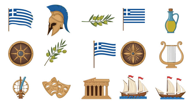 Comprehensive set of ancient Greek symbols and artifacts including flags helmets shields and classical vases.