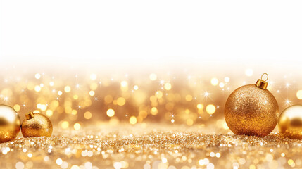 白背景に浮かぶ黄金の輝く球体　豪華なゴールドオーナメントと光の粒子のイラスト背景