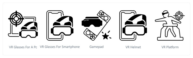 vr glasses for a pc, vr glasses for a smartphone, gamepad in black color © popcornarts