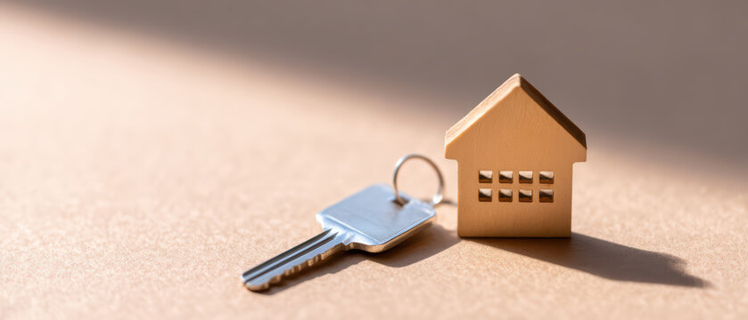 Home key house model concept minimal styles close up of home insurance concept bf ce bbe with soft light and shadow on beige surface