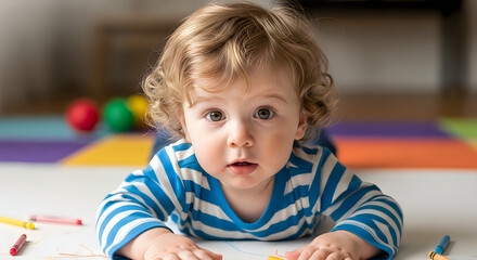 Naklejka premium Happy father's day celebration with adorable baby boy playing on colorful mat