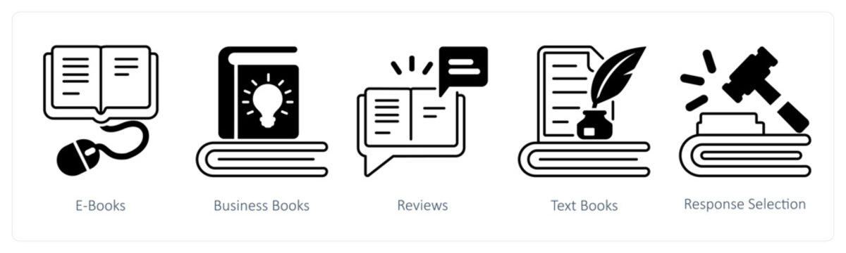 A set of 5 mix icons as e books, business books, reviews in black color
