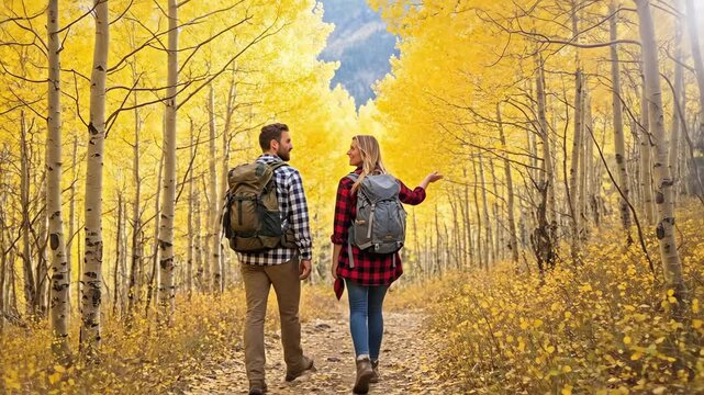 Young couple with backpacks hiking through golden aspen forest during autumn leaf peeping season