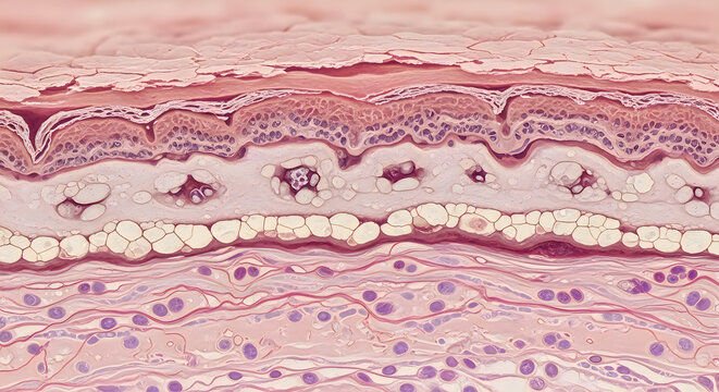 Microscopic image of human skin tissue showing epidermis and dermis layers, medical illustration, educational purpose, detailed view