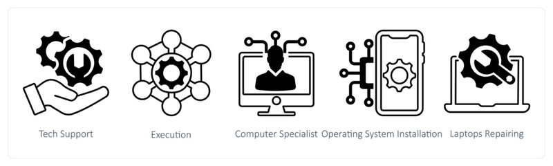 Obraz premium A set of 5 mix icons as tech support, execution, computer specialist in black color