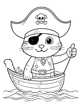 Cartoon cat wearing pirate garb, sailing in a wooden boat