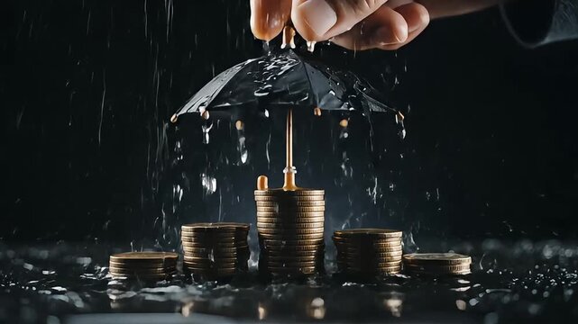 A protective hand holding a small umbrella shields stacks of shining coins from falling rain, symbolizing financial security, investment protection, and economic stability amidst market uncertainty