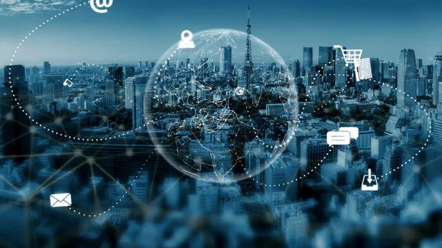 Visualization of global digital communication and online across multiple platforms, including global network, digital network, communication network, and online network. Marrow