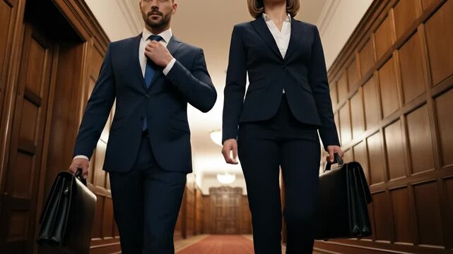 Professional male and female litigation attorneys walking through a courthouse hallway with briefcases