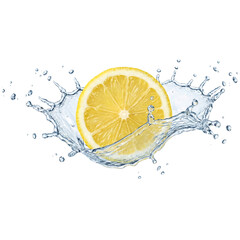 Fresh yellow lemon slice with refreshing water splash and droplets isolated